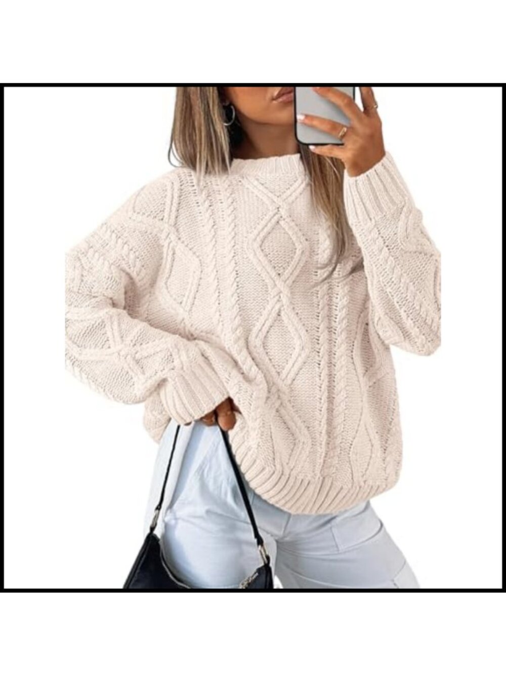 Oversized Cable Knit Pullover Sweater Crew Neck Long Sleeve Fall Layering